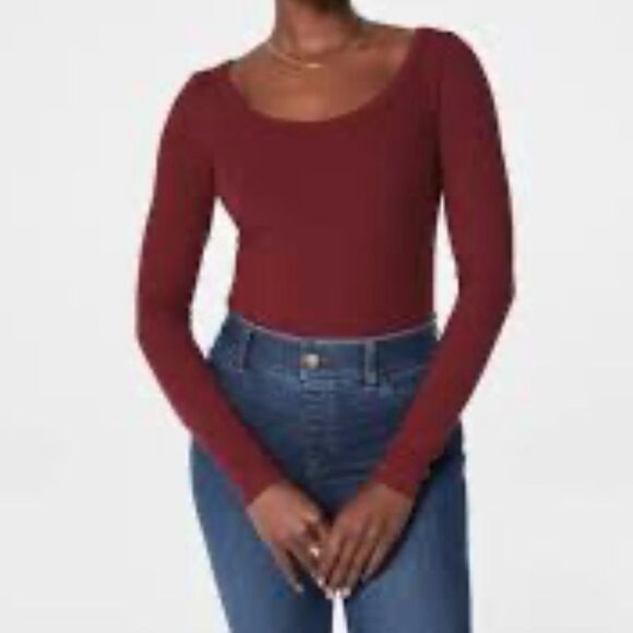 Spanx Stretch Rib Scoop Neck Long Sleeve T-shirt Sz Large Powder Burgundy NWT - Picture 1 of 7